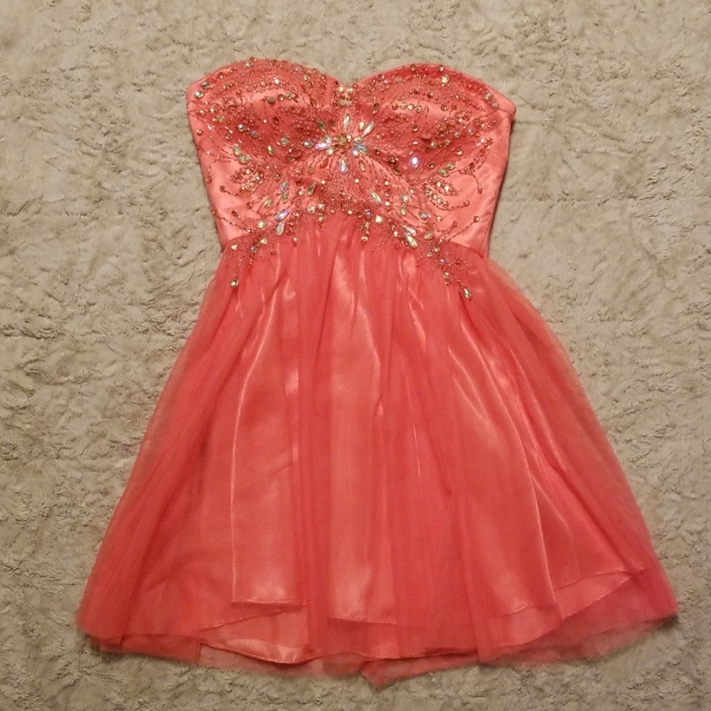 Coral Strapless Short Sequin Top Prom Dress